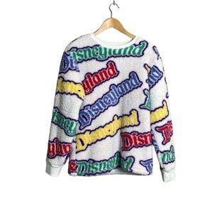 DISNEYLAND Logo Print Multi Color Sherpa Fleece Pullover Sweater Size S